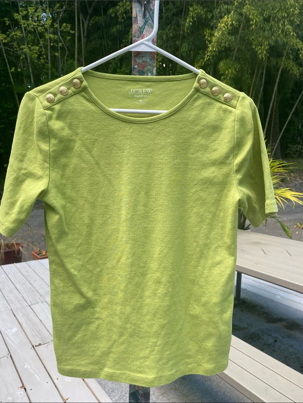 J. Crew Bright Lime Green Short Sleeve Top with Gold Shoulder Buttons